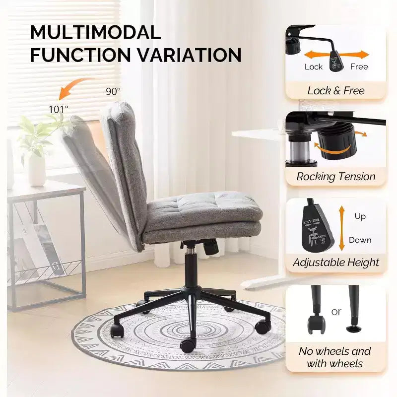 VINGLI Mid Back Armless Office Desk Chair with Wheels/no Wheels,360Rocking Swivel Vanity Chair with Thickened Cushion Linen Dark Grey