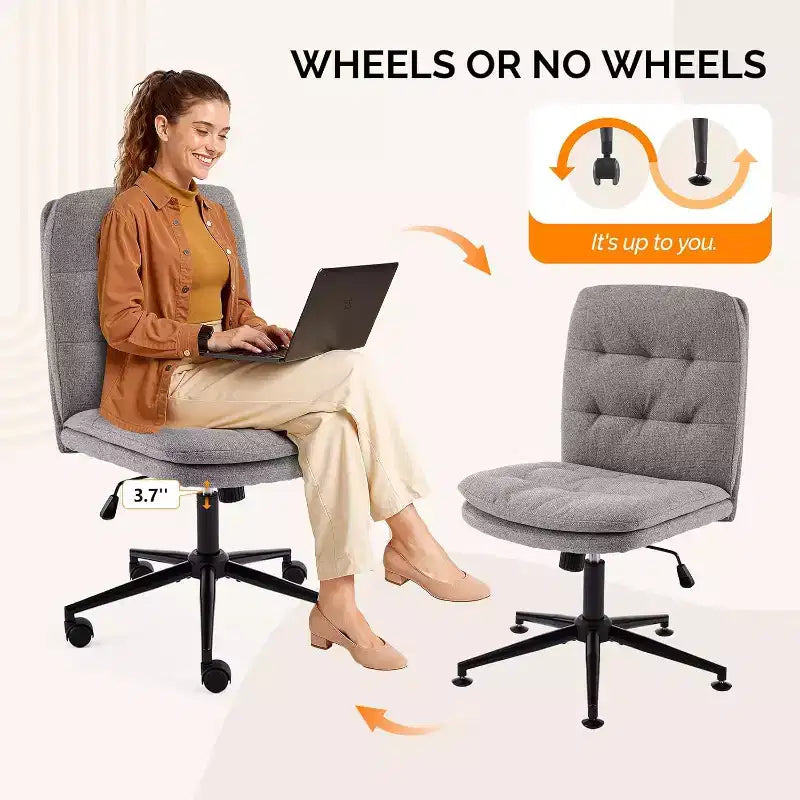 VINGLI Mid Back Armless Office Desk Chair with Wheels/no Wheels,360Rocking Swivel Vanity Chair with Thickened Cushion Linen Dark Grey
