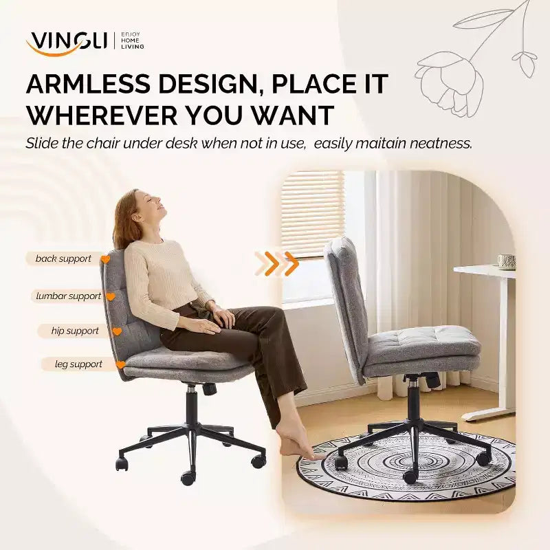 VINGLI Mid Back Armless Office Desk Chair with Wheels/no Wheels,360Rocking Swivel Vanity Chair with Thickened Cushion Linen Dark Grey
