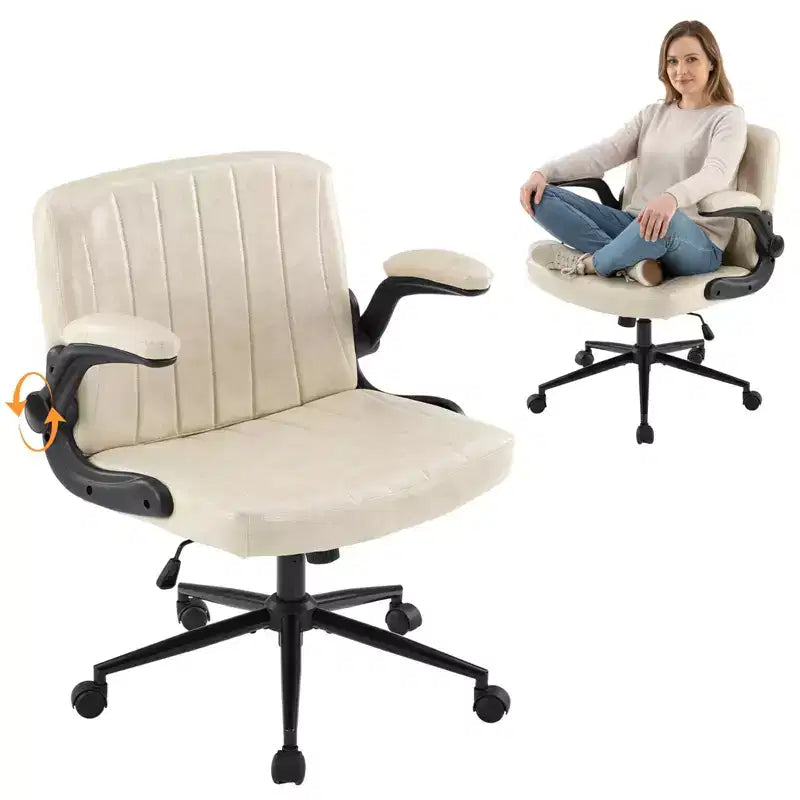 VINGLI Criss Cross Chair with Adjustable Flip-Up Arms,Cross Legged Chair with Wheels, Extra Wide Office Chair,Ivory White