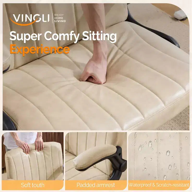 VINGLI Chaise Criss-Cross avec accoudoirs relevables réglables, chaise à pieds croisés avec roulettes, chaise de bureau extra large, blanc ivoire