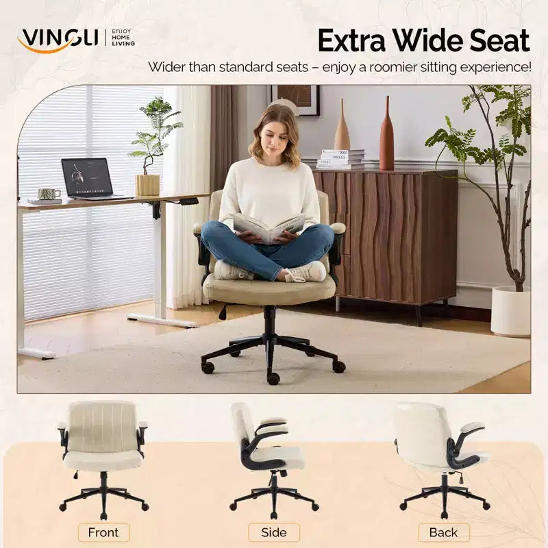 VINGLI Chaise Criss-Cross avec accoudoirs relevables réglables, chaise à pieds croisés avec roulettes, chaise de bureau extra large, blanc ivoire