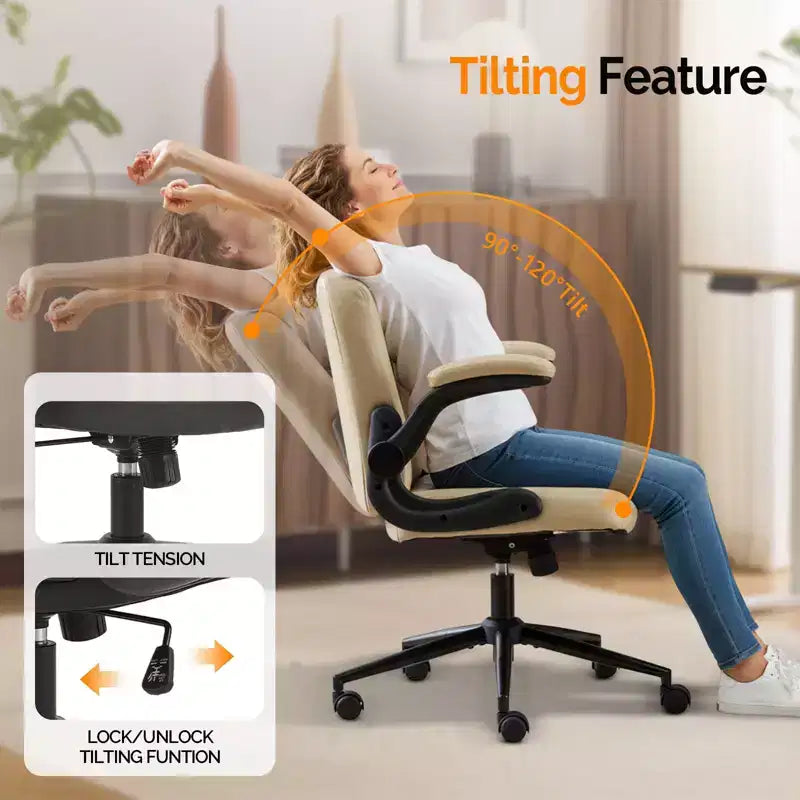 VINGLI Chaise Criss-Cross avec accoudoirs relevables réglables, chaise à pieds croisés avec roulettes, chaise de bureau extra large, blanc ivoire