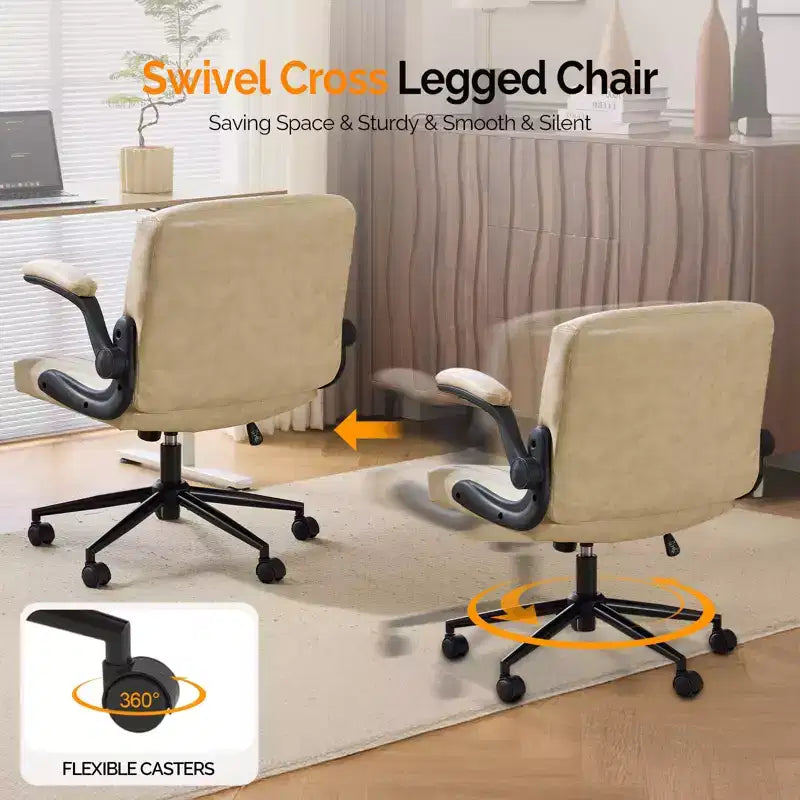 VINGLI Chaise Criss-Cross avec accoudoirs relevables réglables, chaise à pieds croisés avec roulettes, chaise de bureau extra large, blanc ivoire