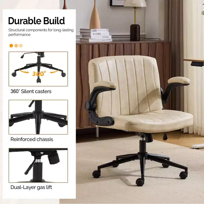 VINGLI Chaise Criss-Cross avec accoudoirs relevables réglables, chaise à pieds croisés avec roulettes, chaise de bureau extra large, blanc ivoire