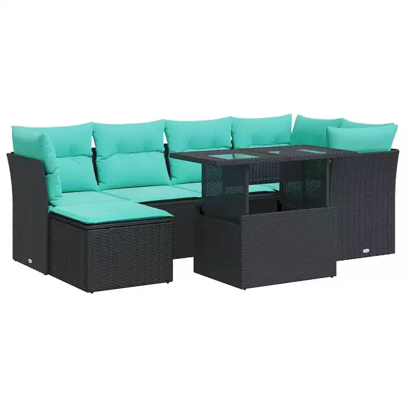 vidaXL 7 Piece Patio Sofa Set with Cushions Black Poly Rattan Acacia