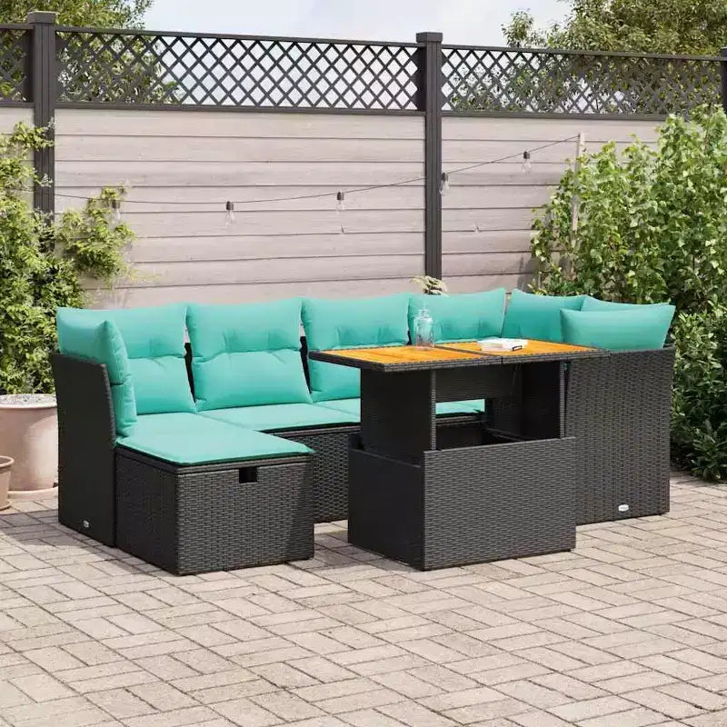 vidaXL Salon de jardin 7 pcs avec coussins résine tressée noire Acacia