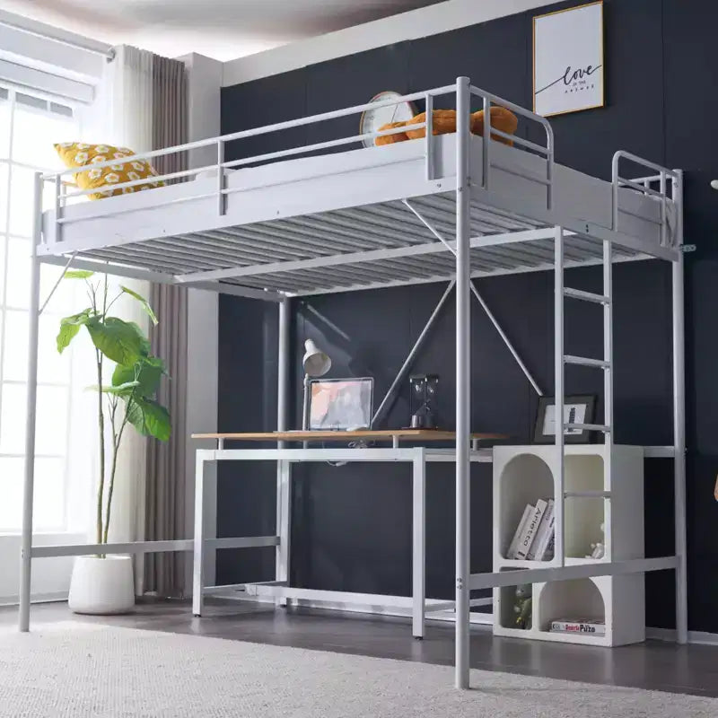 Lit mezzanine Full Metal pour enfants, cadre de lit superposé mezzanine avec escalier/échelle plate, sommier tapissier non requis, blanc