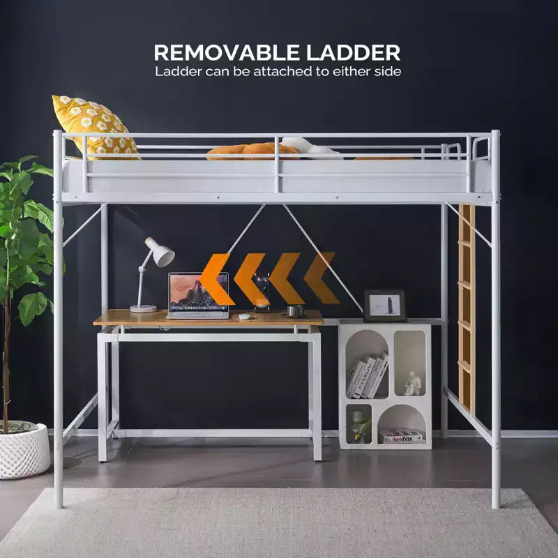 Lit mezzanine Full Metal pour enfants, cadre de lit superposé mezzanine avec escalier/échelle plate, sommier tapissier non requis, blanc