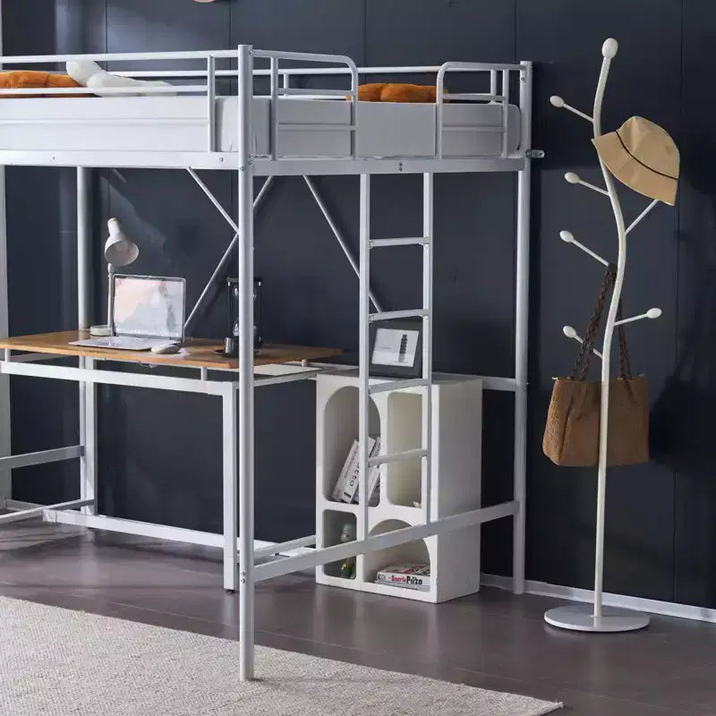 Lit mezzanine Full Metal pour enfants, cadre de lit superposé mezzanine avec escalier/échelle plate, sommier tapissier non requis, blanc