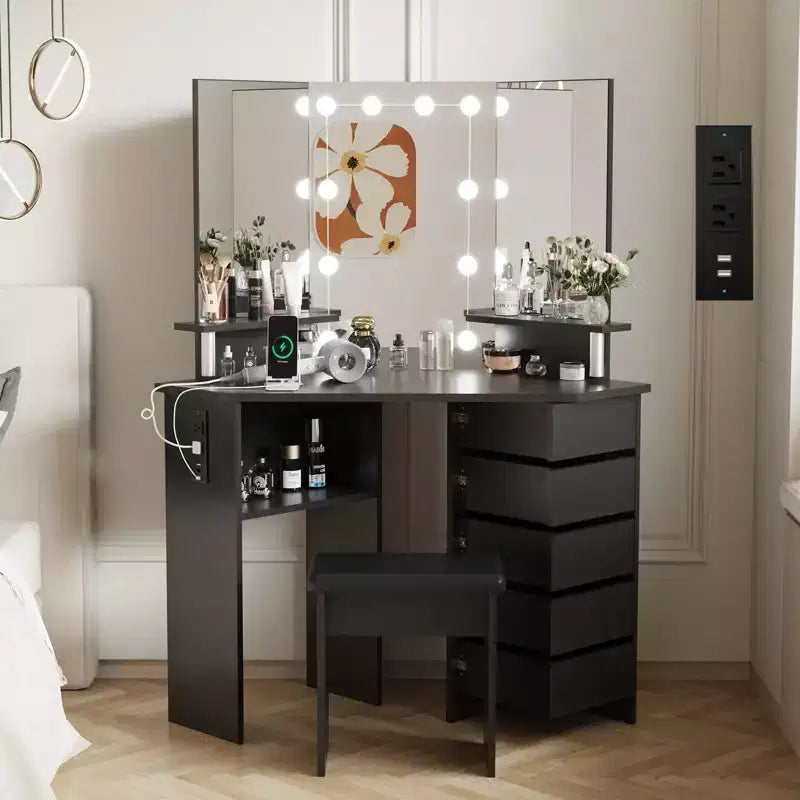 Coiffeuse d'angle avec lumières, table de maquillage avec prise de courant et tiroirs rotatifs pour chambre à coucher