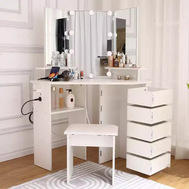 Coiffeuse d'angle avec lumières, table de maquillage avec prise de courant et tiroirs rotatifs pour chambre à coucher