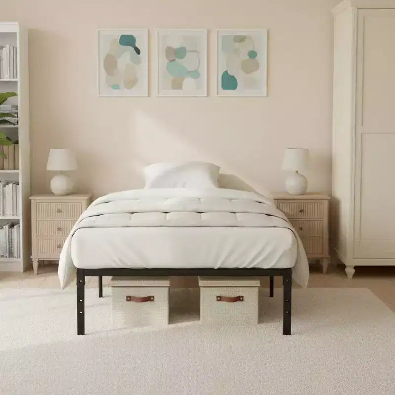 Cadre de lit en métal simple avec lattes métalliques, sommier plateforme robuste avec rangement sous le lit, support antidérapant, noir