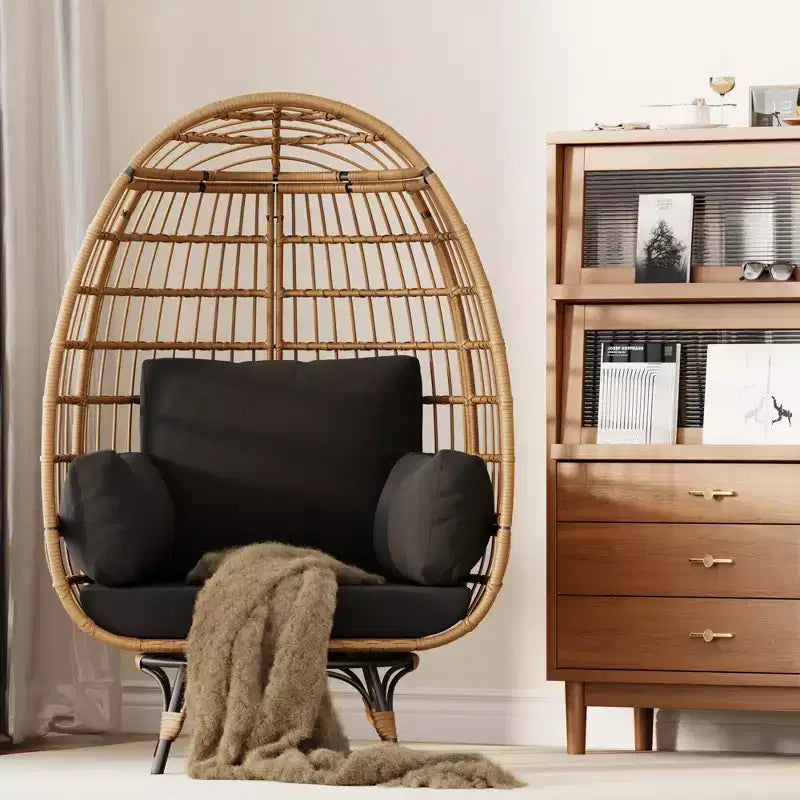 360 Swivel Oversized Egg Chair, PE Rattan Patio Lounge Chair with Plush Cushion, Steel Frame & Metal Base, Waterproof Wicker Basket Design