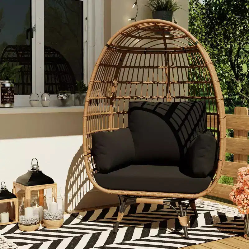 360 Swivel Oversized Egg Chair, PE Rattan Patio Lounge Chair with Plush Cushion, Steel Frame & Metal Base, Waterproof Wicker Basket Design