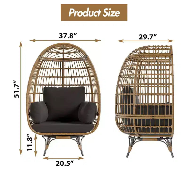 360 Swivel Oversized Egg Chair, PE Rattan Patio Lounge Chair with Plush Cushion, Steel Frame & Metal Base, Waterproof Wicker Basket Design