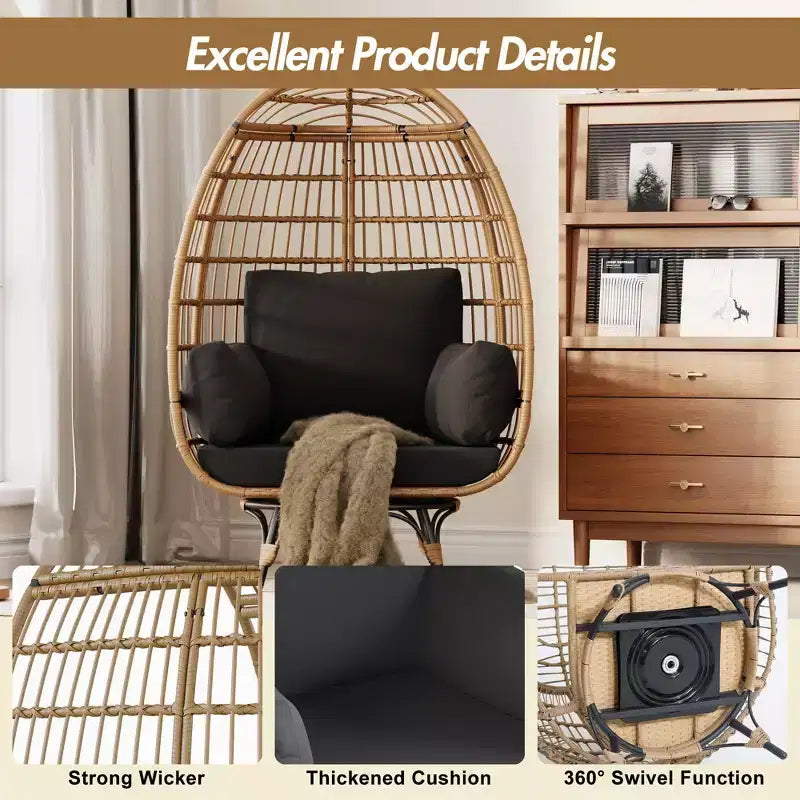 360 Swivel Oversized Egg Chair, PE Rattan Patio Lounge Chair with Plush Cushion, Steel Frame & Metal Base, Waterproof Wicker Basket Design