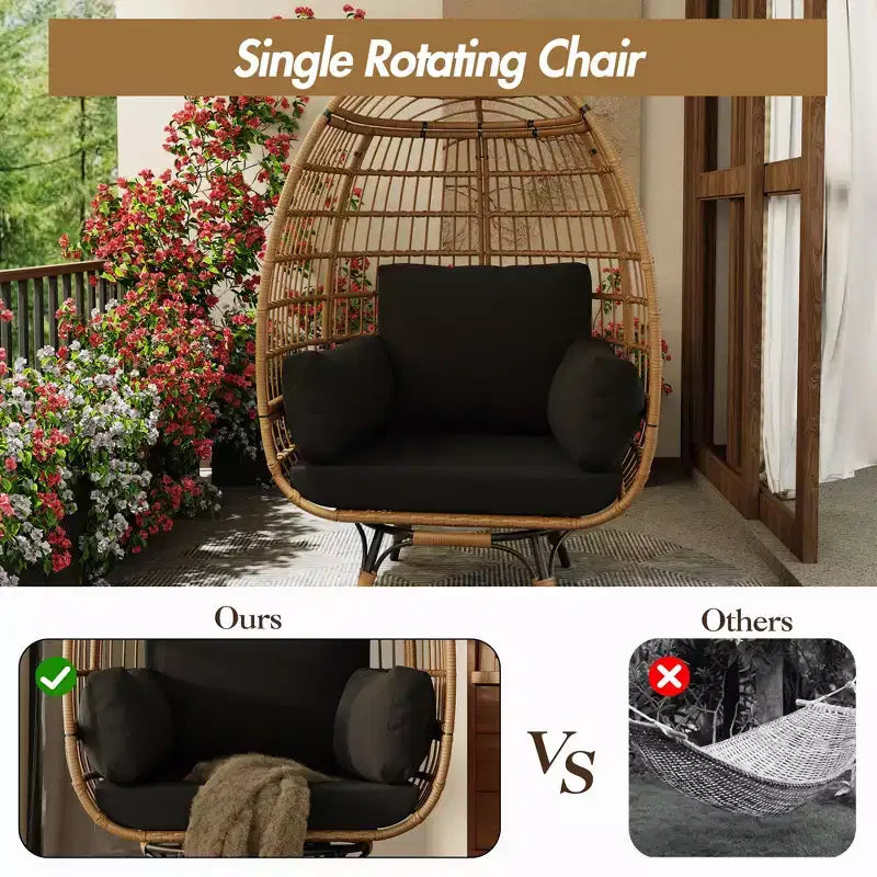 360 Swivel Oversized Egg Chair, PE Rattan Patio Lounge Chair with Plush Cushion, Steel Frame & Metal Base, Waterproof Wicker Basket Design