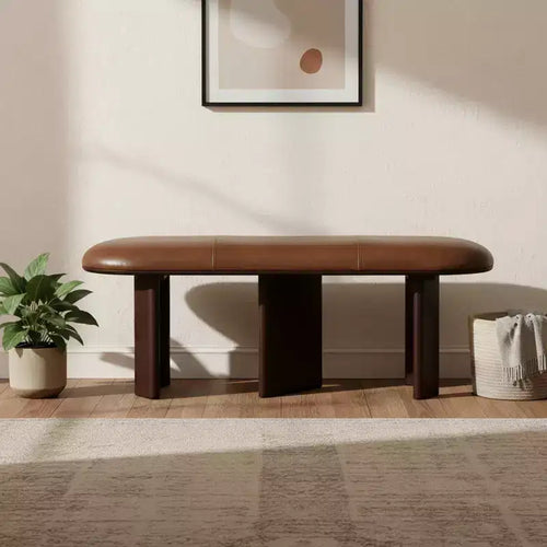 Banc rembourré en cuir véritable marron et bois massif de 48 pouces