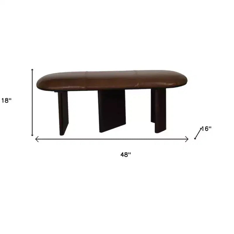 Banc rembourré en cuir véritable marron et bois massif de 48 pouces
