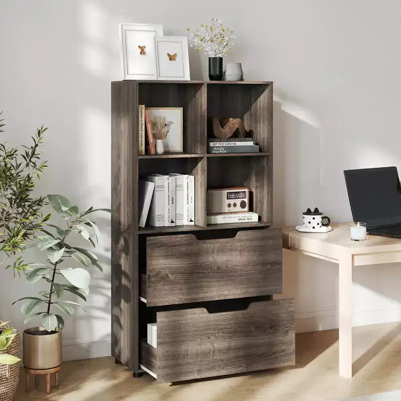 Bibliothèque de 130 cm avec 5 niveaux et 4 casiers de rangement avec 2 tiroirs pour Salon, Bureau, Maison