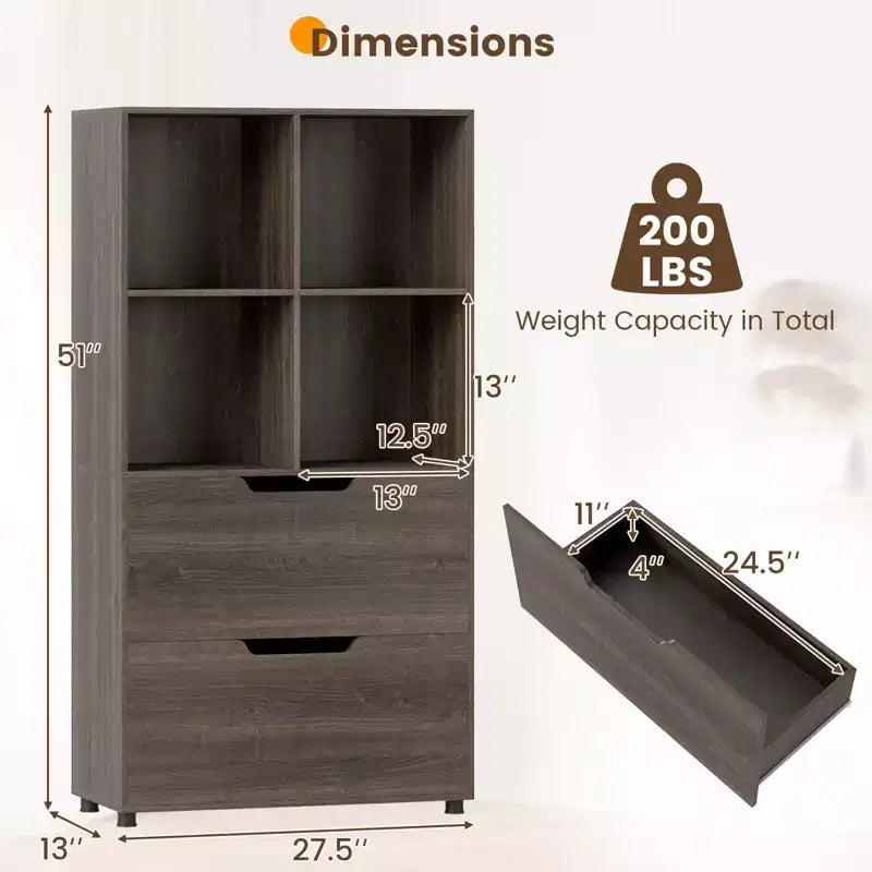 Bibliothèque de 130 cm avec 5 niveaux et 4 casiers de rangement avec 2 tiroirs pour Salon, Bureau, Maison