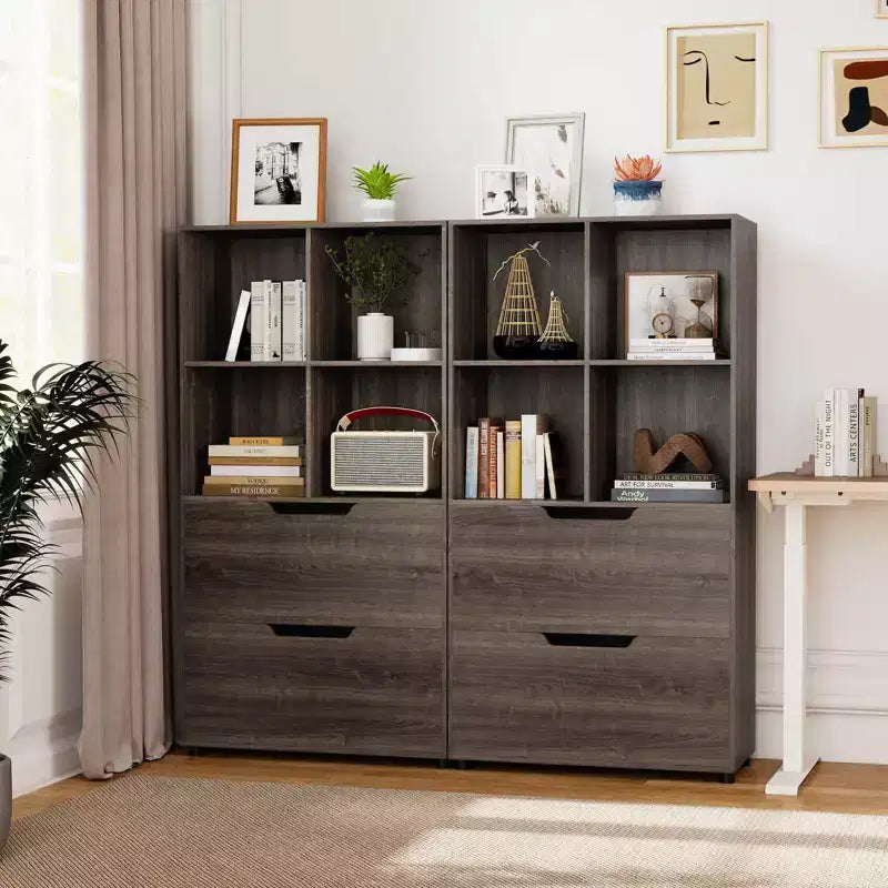 Bibliothèque de 130 cm avec 5 niveaux et 4 casiers de rangement avec 2 tiroirs pour Salon, Bureau, Maison