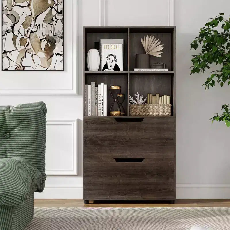 Bibliothèque de 130 cm avec 5 niveaux et 4 casiers de rangement avec 2 tiroirs pour Salon, Bureau, Maison