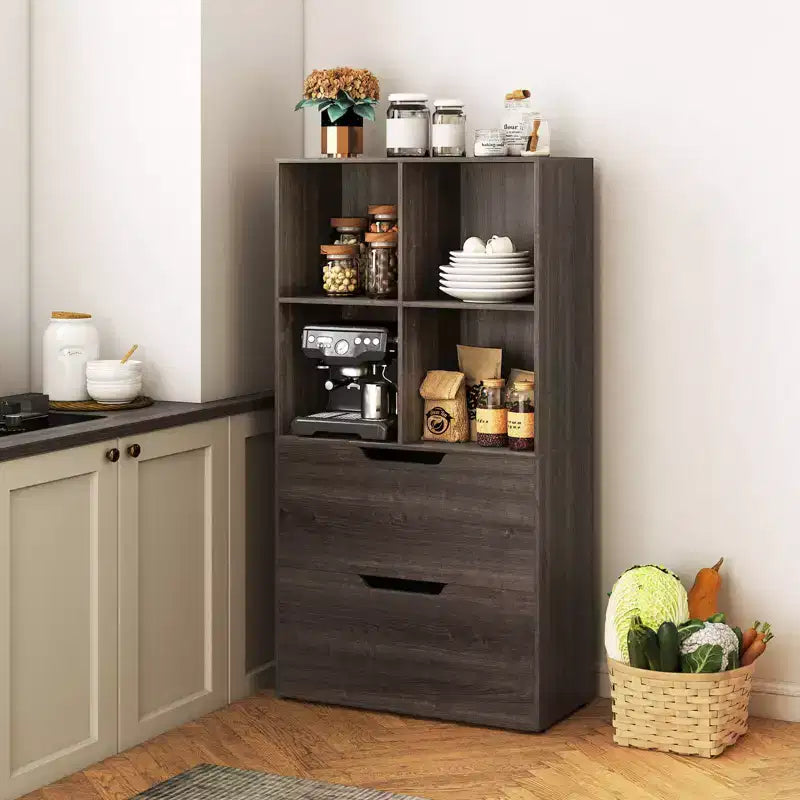 Bibliothèque de 130 cm avec 5 niveaux et 4 casiers de rangement avec 2 tiroirs pour Salon, Bureau, Maison