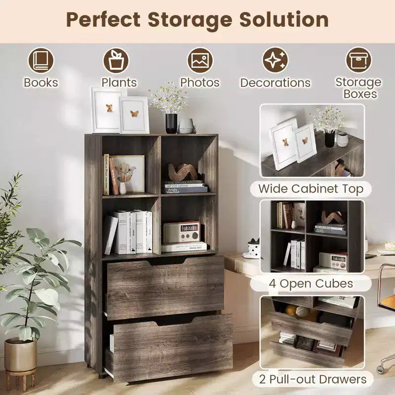 Bibliothèque de 130 cm avec 5 niveaux et 4 casiers de rangement avec 2 tiroirs pour Salon, Bureau, Maison
