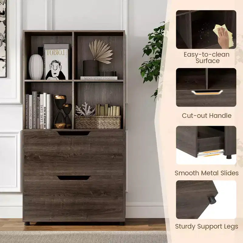 Bibliothèque de 130 cm avec 5 niveaux et 4 casiers de rangement avec 2 tiroirs pour Salon, Bureau, Maison