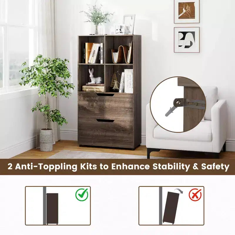 Bibliothèque de 130 cm avec 5 niveaux et 4 casiers de rangement avec 2 tiroirs pour Salon, Bureau, Maison