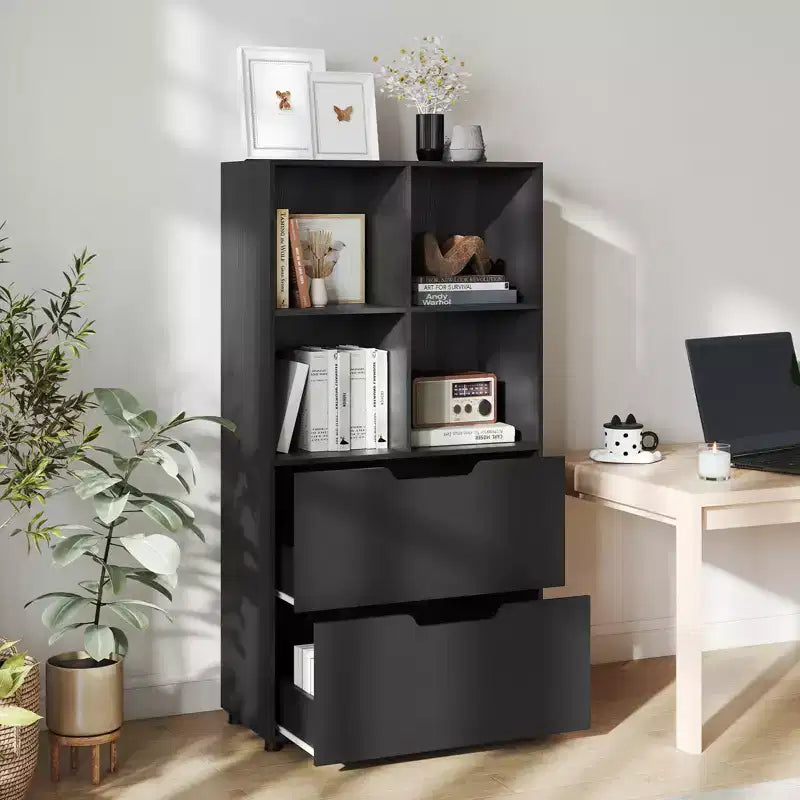 Bibliothèque de 130 cm avec 5 niveaux et 4 casiers de rangement avec 2 tiroirs pour Salon, Bureau, Maison
