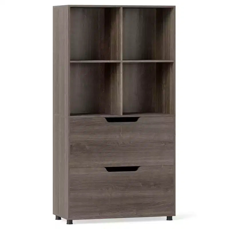 Bibliothèque de 130 cm avec 5 niveaux et 4 casiers de rangement avec 2 tiroirs pour Salon, Bureau, Maison