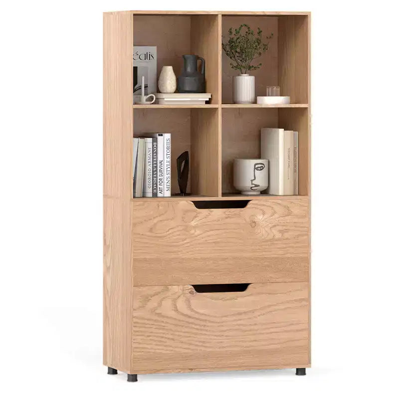 Bibliothèque de 130 cm avec 5 niveaux et 4 casiers de rangement avec 2 tiroirs pour Salon, Bureau, Maison