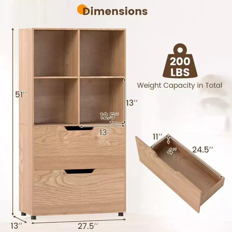Bibliothèque de 130 cm avec 5 niveaux et 4 casiers de rangement avec 2 tiroirs pour Salon, Bureau, Maison