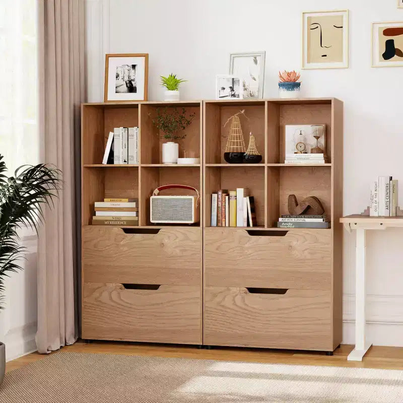 Bibliothèque de 130 cm avec 5 niveaux et 4 casiers de rangement avec 2 tiroirs pour Salon, Bureau, Maison