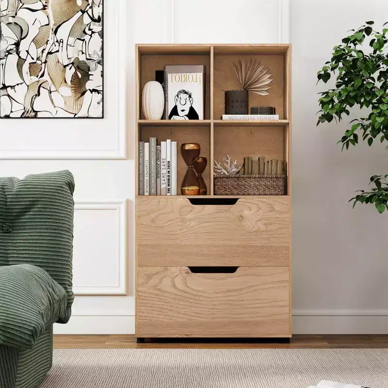 Bibliothèque de 130 cm avec 5 niveaux et 4 casiers de rangement avec 2 tiroirs pour Salon, Bureau, Maison
