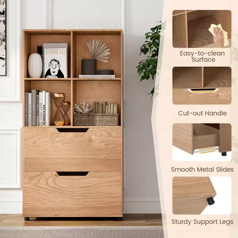 Bibliothèque de 130 cm avec 5 niveaux et 4 casiers de rangement avec 2 tiroirs pour Salon, Bureau, Maison