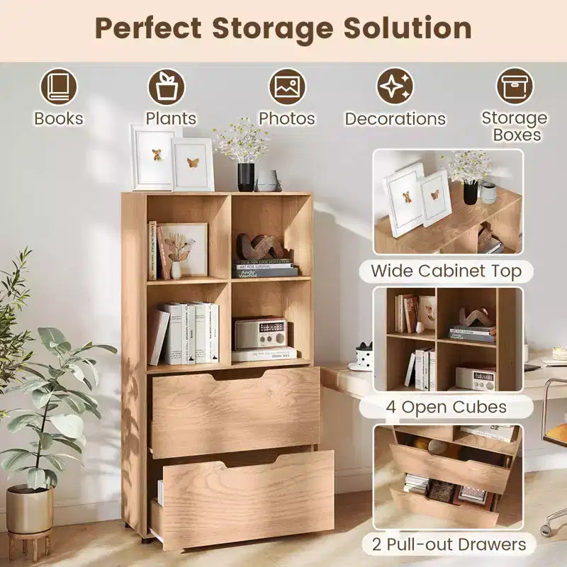 Bibliothèque de 130 cm avec 5 niveaux et 4 casiers de rangement avec 2 tiroirs pour Salon, Bureau, Maison