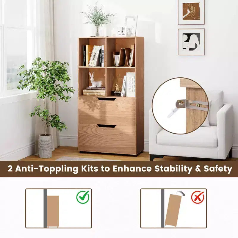 Bibliothèque de 130 cm avec 5 niveaux et 4 casiers de rangement avec 2 tiroirs pour Salon, Bureau, Maison