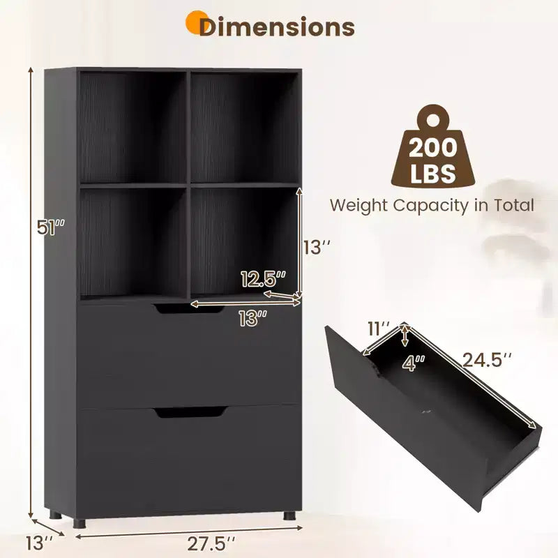 Bibliothèque de 130 cm avec 5 niveaux et 4 casiers de rangement avec 2 tiroirs pour Salon, Bureau, Maison