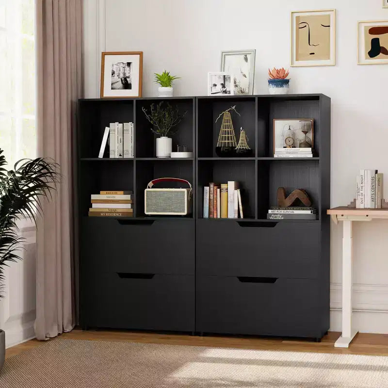 Bibliothèque de 130 cm avec 5 niveaux et 4 casiers de rangement avec 2 tiroirs pour Salon, Bureau, Maison