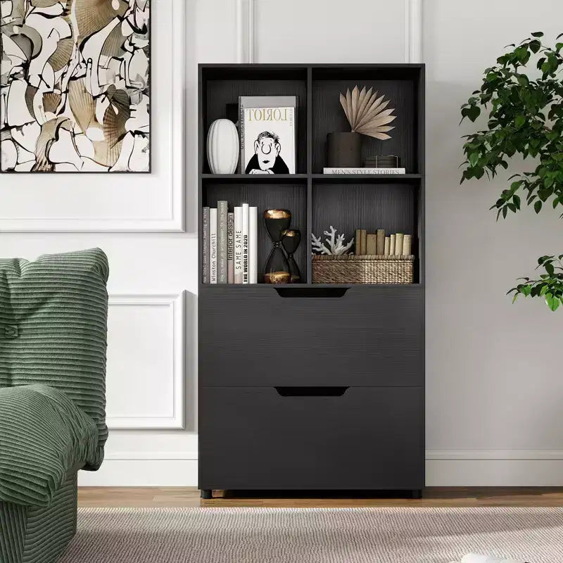 Bibliothèque de 130 cm avec 5 niveaux et 4 casiers de rangement avec 2 tiroirs pour Salon, Bureau, Maison