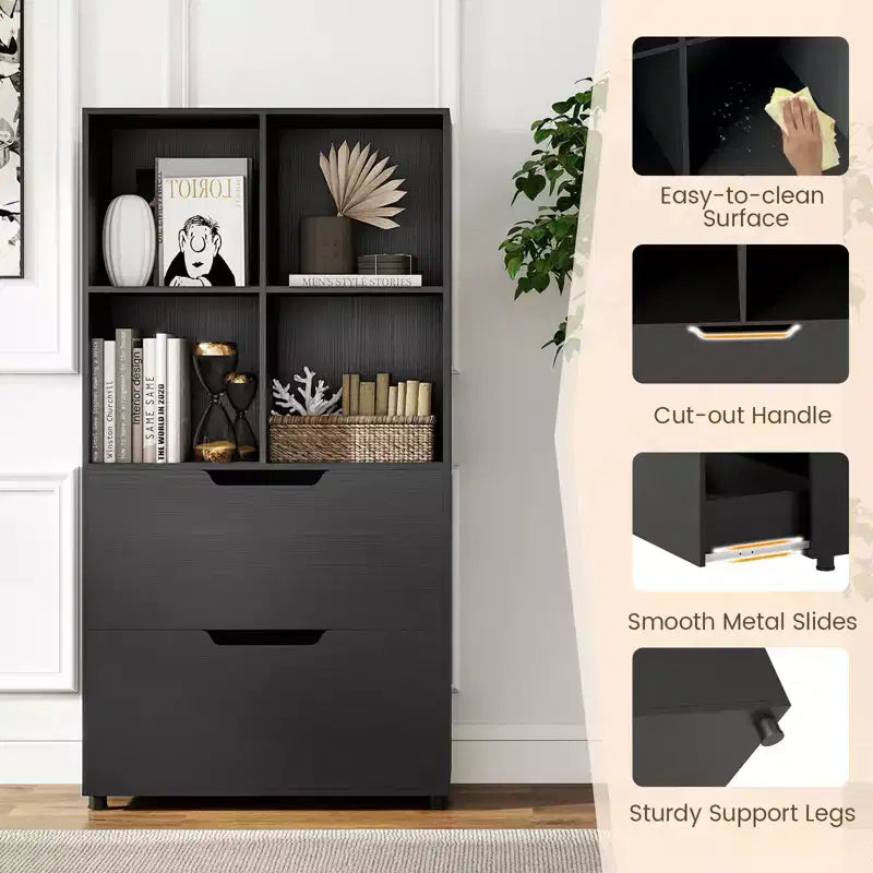 Bibliothèque de 130 cm avec 5 niveaux et 4 casiers de rangement avec 2 tiroirs pour Salon, Bureau, Maison