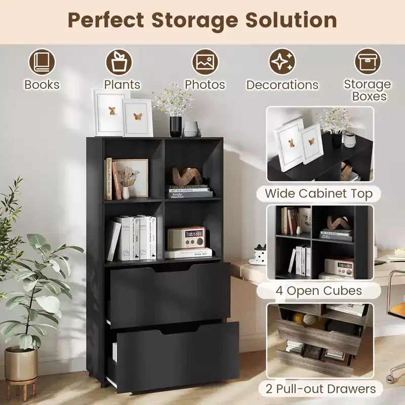 Bibliothèque de 130 cm avec 5 niveaux et 4 casiers de rangement avec 2 tiroirs pour Salon, Bureau, Maison
