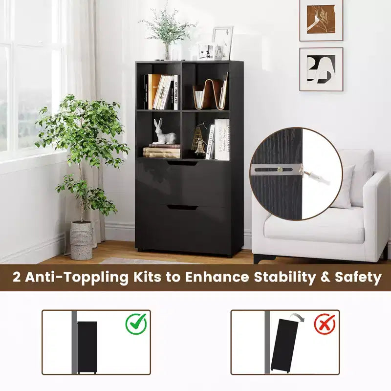 Bibliothèque de 130 cm avec 5 niveaux et 4 casiers de rangement avec 2 tiroirs pour Salon, Bureau, Maison