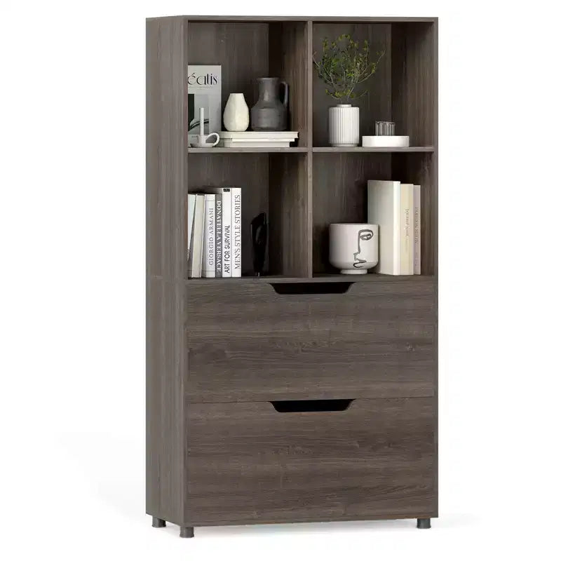Bibliothèque de 130 cm avec 5 niveaux et 4 casiers de rangement avec 2 tiroirs pour Salon, Bureau, Maison