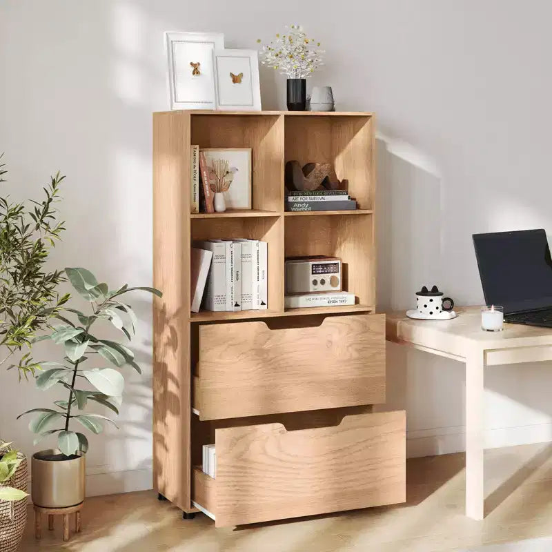 Bibliothèque de 130 cm avec 5 niveaux et 4 casiers de rangement avec 2 tiroirs pour Salon, Bureau, Maison