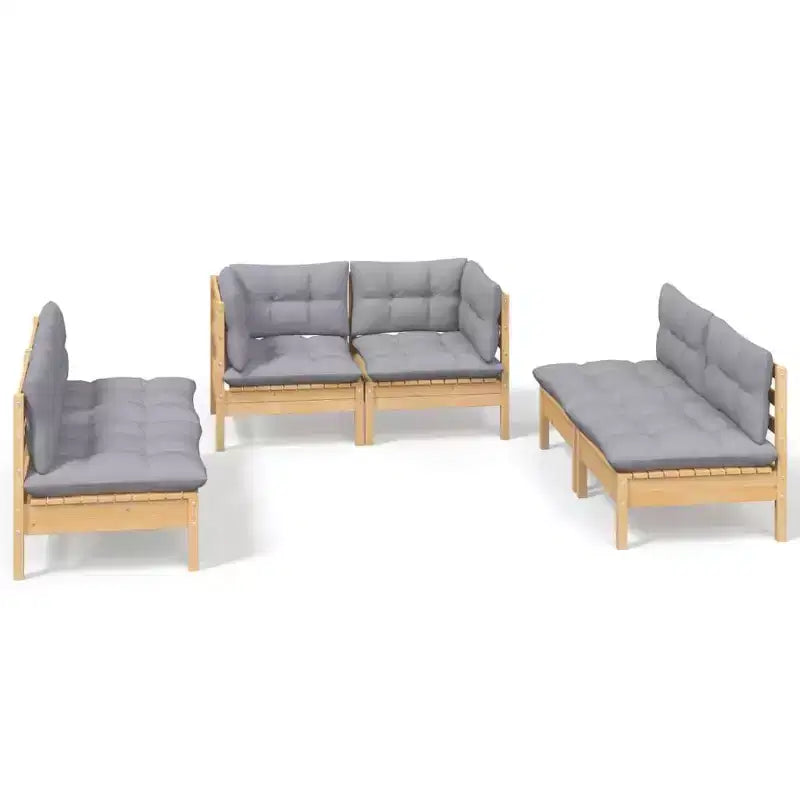 vidaXL Solid Pinewood Patio Lounge Set 6 Piece with Cushions - Brown and Gray